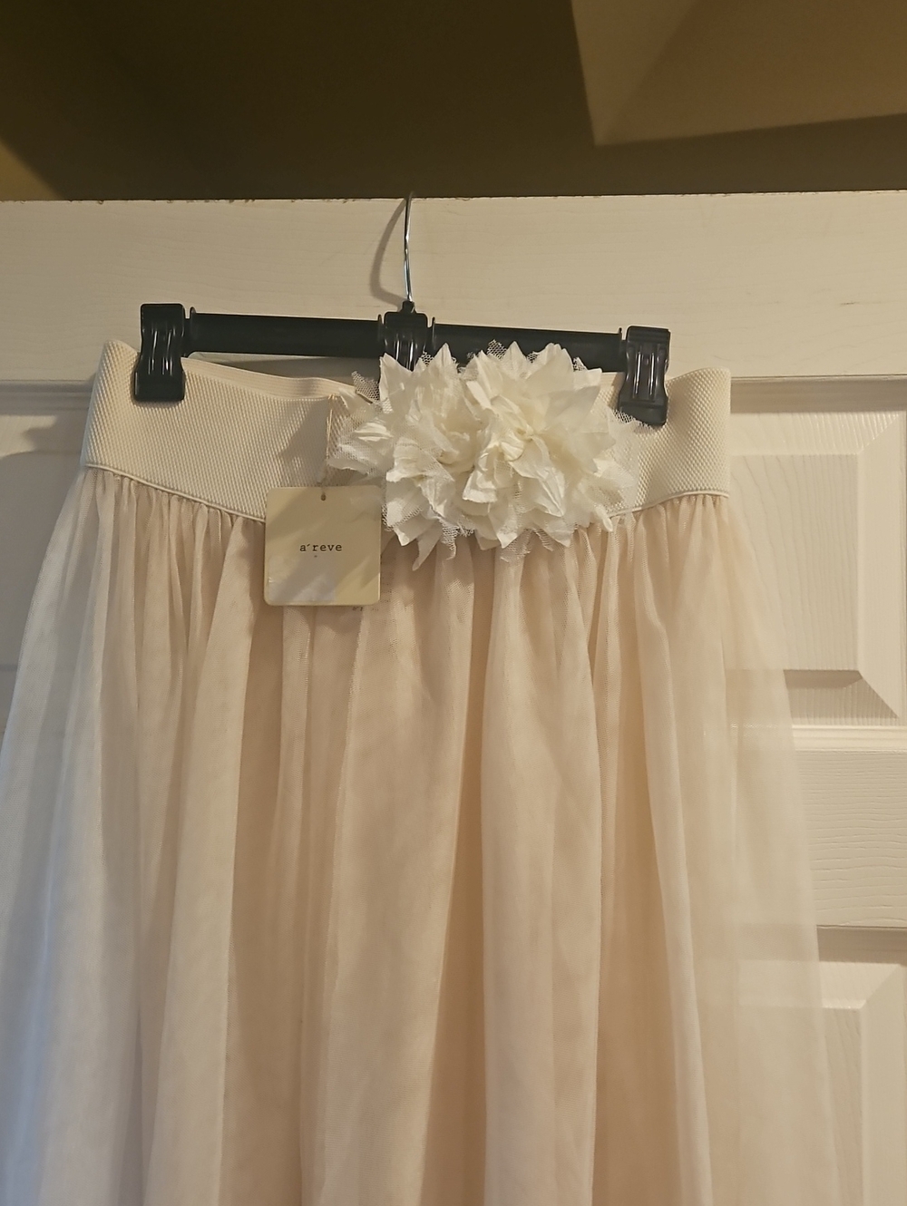A'Reve Cream Layered Tulle Midi Skirt with Floral Accent